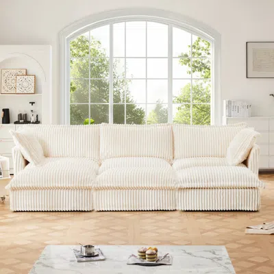 Streamdale Furniture Streamdale Cream Corduroy 3-seat Sofa With Ottomans & Sleeper