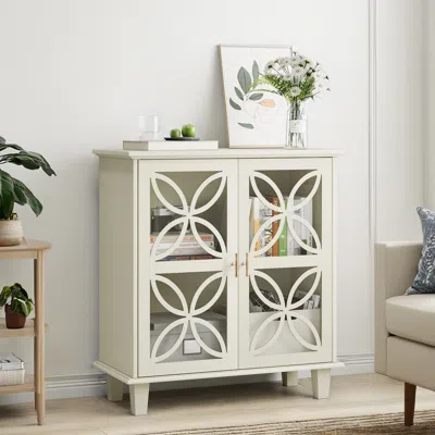 Streamdale Furniture Streamdale Cream Sideboard Buffet Cabinet With Glass Doors
