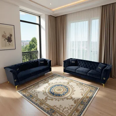 Streamdale Furniture Streamdale Cream Velvet Tufted Sofa Set - Modern Comfort & Style In Blue