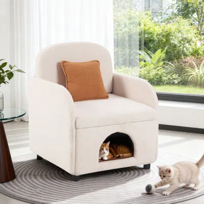 Streamdale Furniture Streamdale Cream White 2-in-1 Pet-friendly Sherpa Armchair With Lumbar Pillow