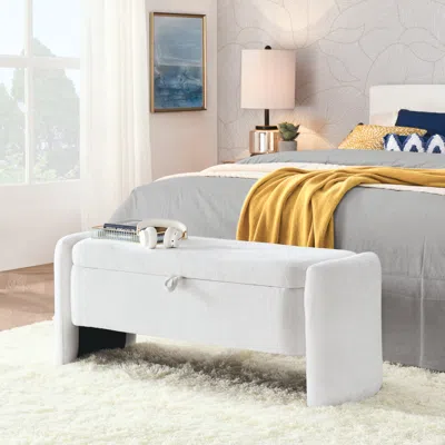 Streamdale Furniture Streamdale Cream White Chenille Fabric Storage Bench With Large Space