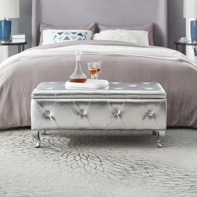 Streamdale Furniture Streamdale Crystal Button Faux Leather Ottoman Bench - Silver