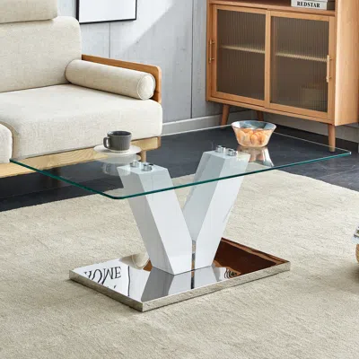 Streamdale Furniture Streamdale Crystal Clear Modern Coffee Table With Stainless Steel Base In White