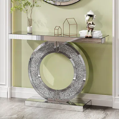 Streamdale Furniture Streamdale Crystal O-shaped Mirror Console Table In Gray