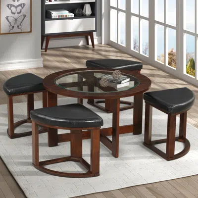 Streamdale Furniture Streamdale Cylina Solid Wood Glass Top Round Table Set, Coffee Table With 4 Stools