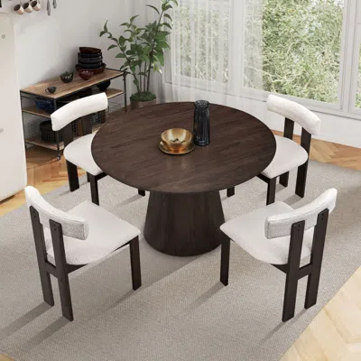 Streamdale Furniture Streamdale Dark Brown Round Dining Table Set With 4 Boucle Chairs