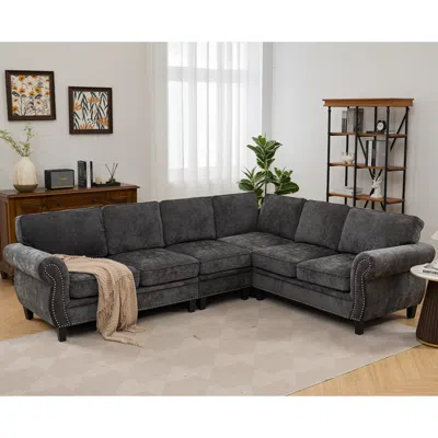 Streamdale Furniture Streamdale Dark Gray Chenille Sectional Sofa, Rivets, Rolled Arm, 6 Seater