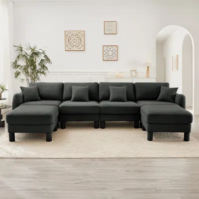 Streamdale Furniture Streamdale Dark Grey Boucle U-shape Sectional Sofa With Ottomans & Shell Armrests In Black