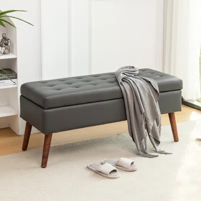 Streamdale Furniture Streamdale Dark Grey Leather Storage Bench 43.3" In Gray