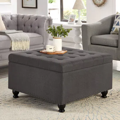 Streamdale Furniture Streamdale Dark Grey Square Ottoman With Storage, Button Tufted & Nail Trim In White