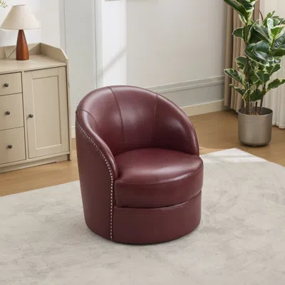 Streamdale Furniture Streamdale Dark Red Leather Swivel Accent Chair, Mid-century Modern Lounge Chair In Burgundy