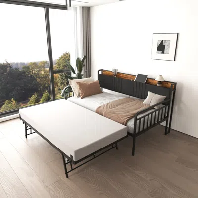 Streamdale Furniture Streamdale Daybed With Trundle, Metal Twin Bed Frame With Headboard & Charging Station, Black