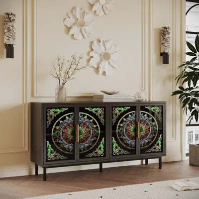 Streamdale Furniture Streamdale Decorative 4-door Cabinet With Painted Glass And Metal Frame. In Multi