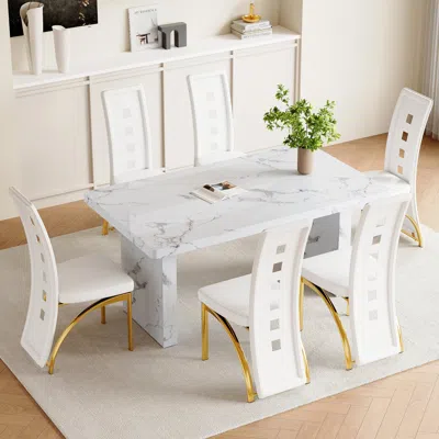 Streamdale Furniture Streamdale Dining Table Set - White Marble, 6 Chairs