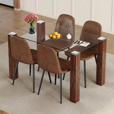 Streamdale Furniture Streamdale Dining Table Set With Tempered Glass & Brown Chairs