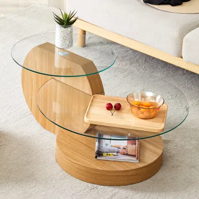 Streamdale Furniture Streamdale Double-deck Round Table, Glass Top, Wood Legs, Living/bedroom - Ct-401