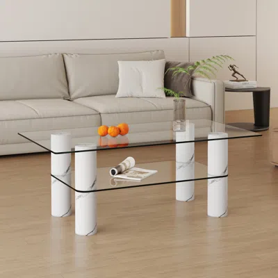 Streamdale Furniture Streamdale Double Layered Glass Coffee Table With White Decorative Columns