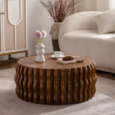 Streamdale Furniture Streamdale Drum Fluted Coffee Table - Modern Round Center Table In Brown