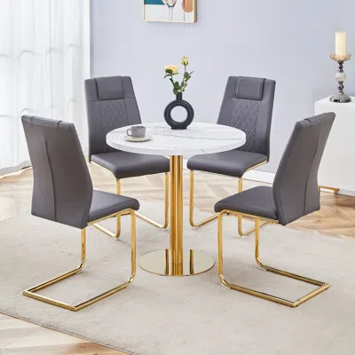 Streamdale Furniture Streamdale Elegant 31.5 Inch Marble Dining Table With 4 Pu Chairs