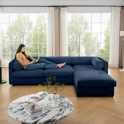 Streamdale Furniture Streamdale Elegant Blue Chenille L-shaped Sofa With Storage And Ottoman