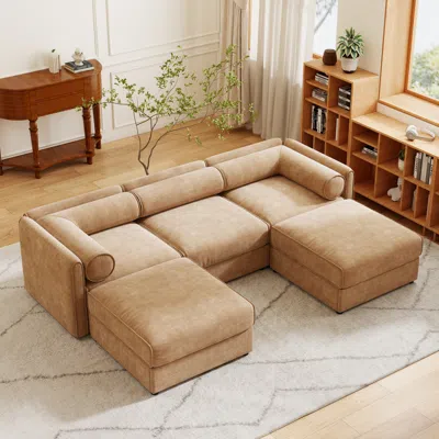 Streamdale Furniture Streamdale Elegant Camel Chenille U-shaped Sofa With Storage And Ottoman