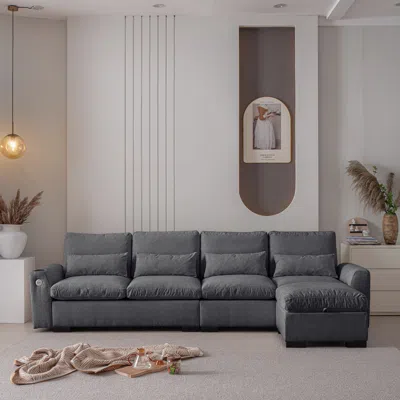 Streamdale Furniture Streamdale Elegant Chenille Sofa With Reversible Ottoman And Built-in Usb Ports In Gray