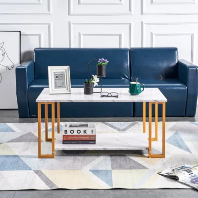 Streamdale Furniture Streamdale Elegant Faux Marble Coffee Table With Gold Metal Legs And Ample Storage Space