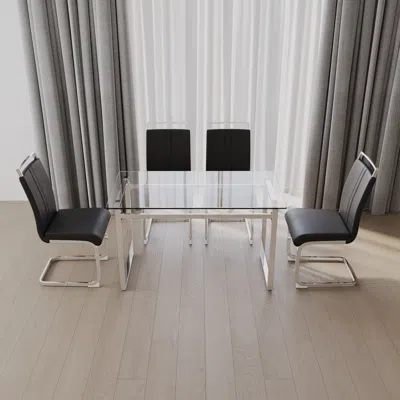 Streamdale Furniture Streamdale Elegant Glass Dining Table Set With Pu Leather Chairs In Black