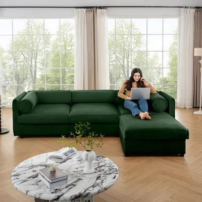 Streamdale Furniture Streamdale Elegant Green Chenille L-shaped Sofa With Storage And Ottoman