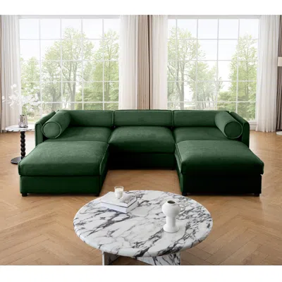 Streamdale Furniture Streamdale Elegant Green Chenille U-shaped Sofa With Storage Seat And Ottoman