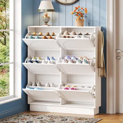 Streamdale Furniture Streamdale Elegant Narrow Shoe Cabinet With 6 Drawers & Hooks - White