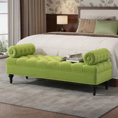 Streamdale Furniture Streamdale Elegant Tufted Velvet Bench With Two Pillows In Green