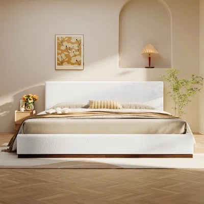 Streamdale Furniture Streamdale Elegant White Fabric Upholstered Bed With Wood Grain Solid Wood Base, Queen