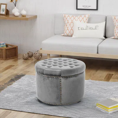 Streamdale Furniture Streamdale Emerald Velvet Round Ottoman With Studded Rim For Comfort And Style In White