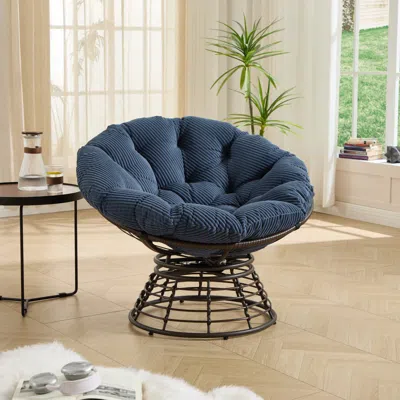 Streamdale Furniture Streamdale Ergonomic 360 Swivel Wicker Papasan Chair With Thick Navy Cushion