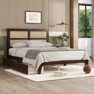 Streamdale Furniture Streamdale Espresso Full Bed With Rattan Headboard & Storage