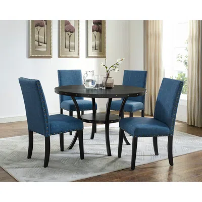 Streamdale Furniture Streamdale Espresso Wood Dining Set With Blue Fabric Nailhead Chairs