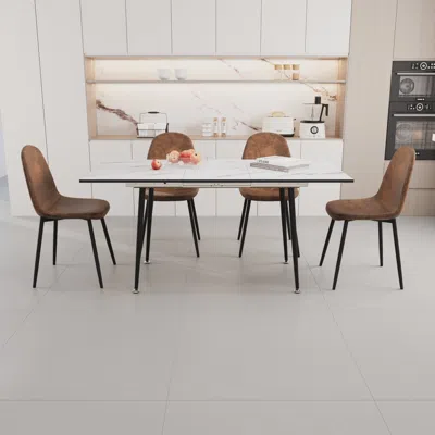 Streamdale Furniture Streamdale Extendable White Dining Table & Brown Suede Chair Set (4-piece)