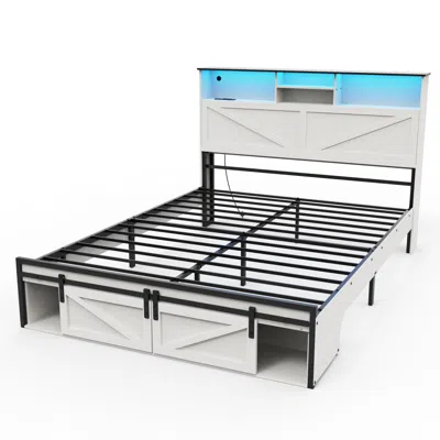 Streamdale Furniture Streamdale Farmhouse Full Size Bed Frame With Storage Headboard, Charging Station & Led Lights, Whit