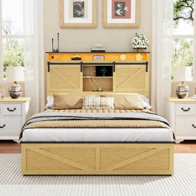 Streamdale Furniture Streamdale Farmhouse Full Size Bed Frame With Storage Headboard, Drawers, Charging & Led