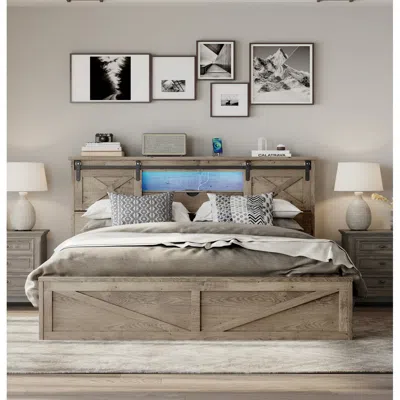 Streamdale Furniture Streamdale Farmhouse King Bed Frame With Led Lights Charging Station And Storage Drawers