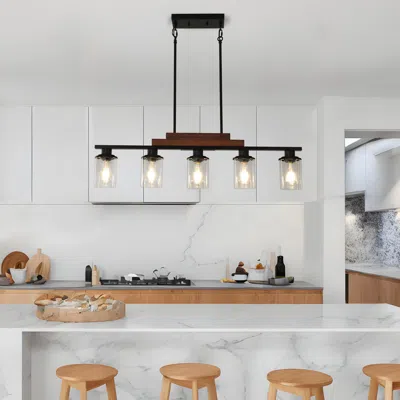 Streamdale Furniture Streamdale Farmhouse Metal Wood 5-light Pendant Light With Glass Shades