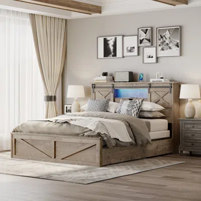 Streamdale Furniture Streamdale Farmhouse Queen Bed Frame With Led Lights Charging Station And Storage Drawers