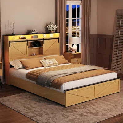 Streamdale Furniture Streamdale Farmhouse Queen Storage Bed Frame With Headboard, Drawers, Charging & Led