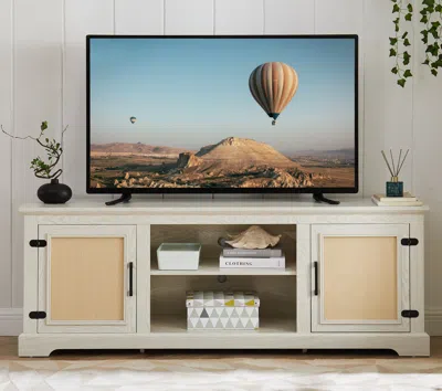 Streamdale Furniture Streamdale Farmhouse Rattan Tv Stand Console Table For Tvs Up To 70 Inches In White