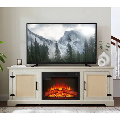 Streamdale Furniture Streamdale Farmhouse Rattan Tv Stand With Electric Fireplace, 65"w