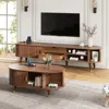 Streamdale Furniture Streamdale Farmhouse Tv Stand & Coffee Table Set, Fluted Media Console With Charging Station, Walnut