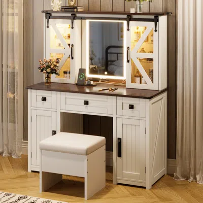 Streamdale Furniture Streamdale Farmhouse Vanity Desk With Lighted Mirror, Stool, Charging Station, Beige In White