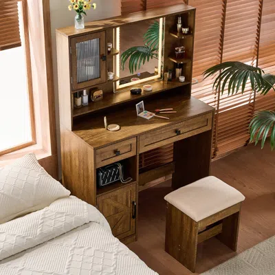 Streamdale Furniture Streamdale Farmhouse Vanity Desk With Mirror, Lights, Charging Station, Stool - White In Brown