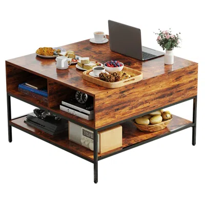 Streamdale Furniture Streamdale Flip-top Coffee Table - Dark Walnut & Black Metal - Lift-top W/ Storage In Brown